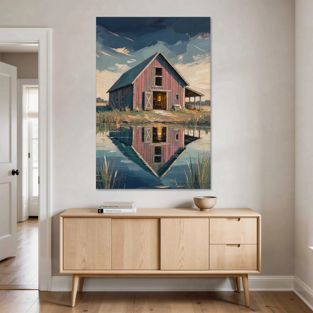 Farmhouse Red Barn Reflected in the Farm Pond - Canvas Wall Art - Coffee Table - 40x60
