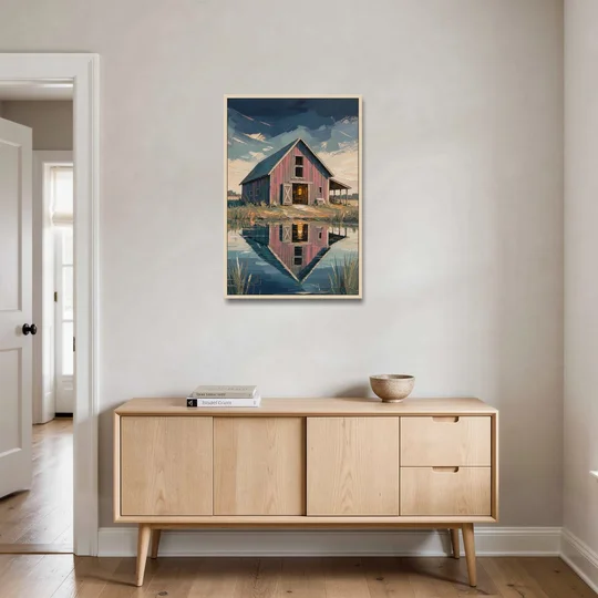 Farmhouse Red Barn Reflected in the Farm Pond - Oak Framed Canvas Wall Art - Coffee Table - 24x36