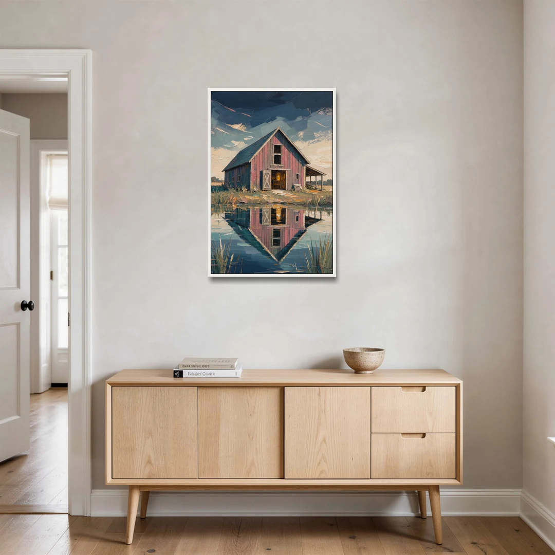 Farmhouse Red Barn Reflected in the Farm Pond - White Framed Canvas Wall Art - Coffee Table - 24x36