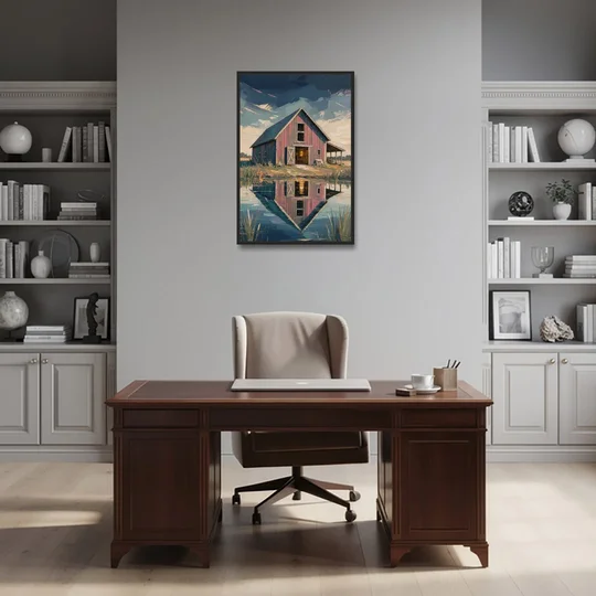Farmhouse Red Barn Reflected in the Farm Pond - Black Framed Canvas Wall Art - Office - 24x36