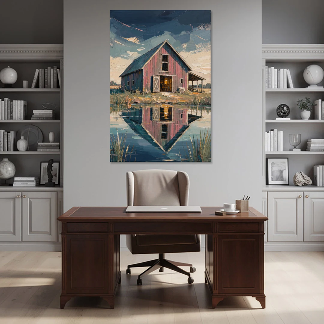 Farmhouse Red Barn Reflected in the Farm Pond - Canvas Wall Art - Office - 40x60
