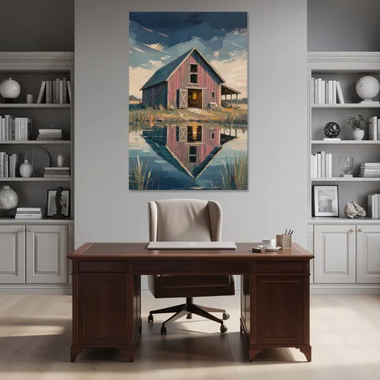 Farmhouse Red Barn Reflected in the Farm Pond - Canvas Wall Art - Office - 40x60