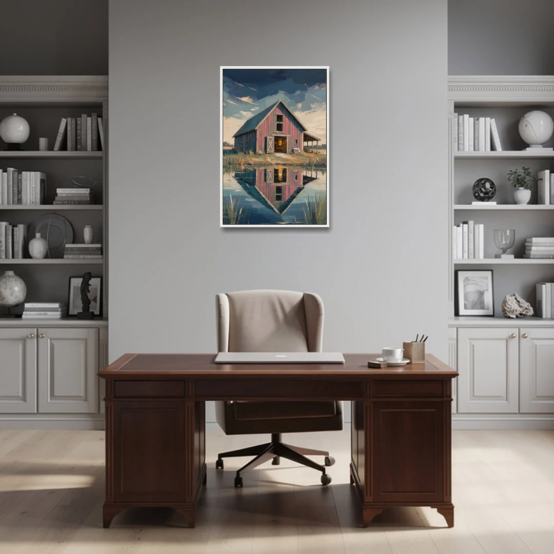Farmhouse Red Barn Reflected in the Farm Pond - White Framed Canvas Wall Art - Office - 24x36