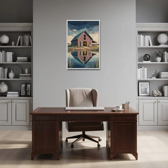Farmhouse Red Barn Reflected in the Farm Pond - White Framed Canvas Wall Art - Office - 24x36