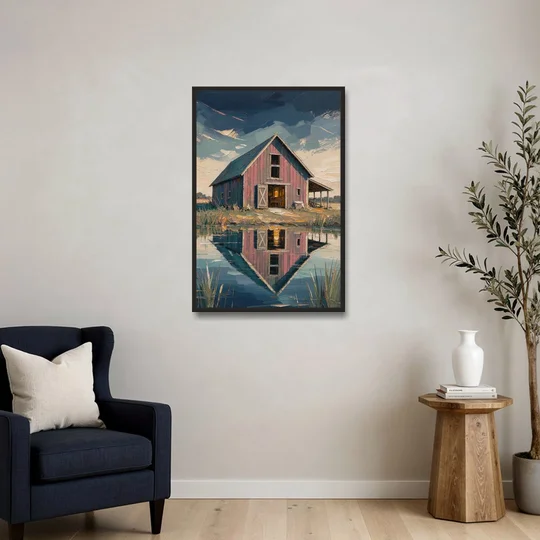 Farmhouse Red Barn Reflected in the Farm Pond - Black Framed Canvas Wall Art - Sofa - 24x36