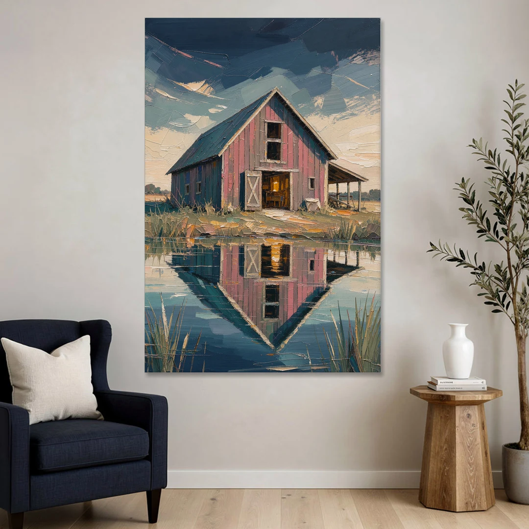 Farmhouse Red Barn Reflected in the Farm Pond - Canvas Wall Art - Sofa - 40x60