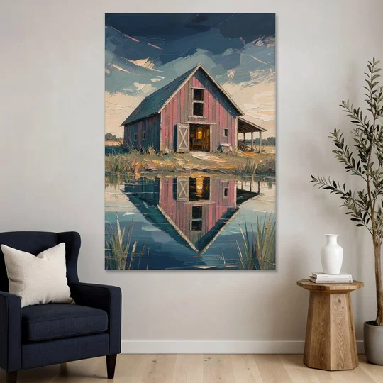 Farmhouse Red Barn Reflected in the Farm Pond - Canvas Wall Art - Sofa - 40x60