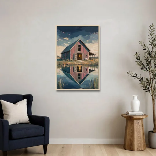 Farmhouse Red Barn Reflected in the Farm Pond - Oak Framed Canvas Wall Art - Sofa - 24x36