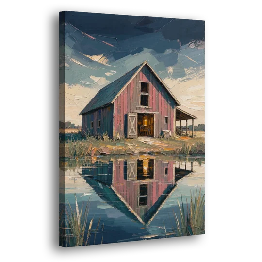 Farmhouse Red Barn Reflected in the Farm Pond - Canvas Wall Art - Side