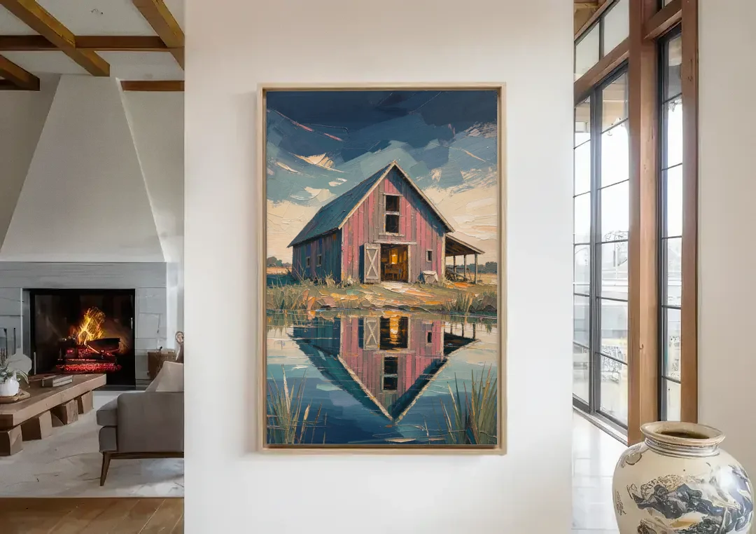 Farmhouse Red Barn Reflected in the Farm Pond canvas wall art in a living room with a fireplace