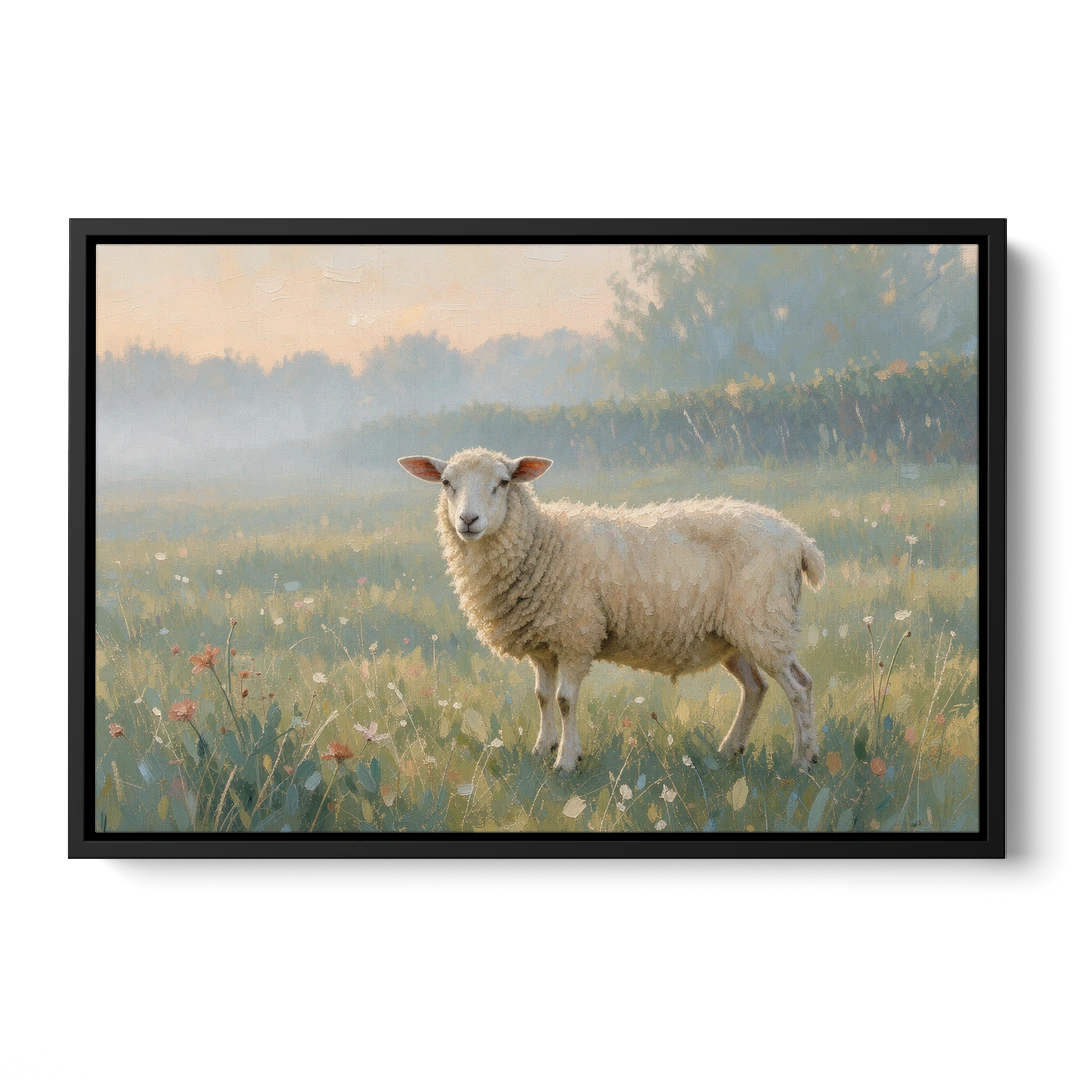 Farmhouse Sheep in the Morning Mist - Black Framed Canvas Wall Art - Front