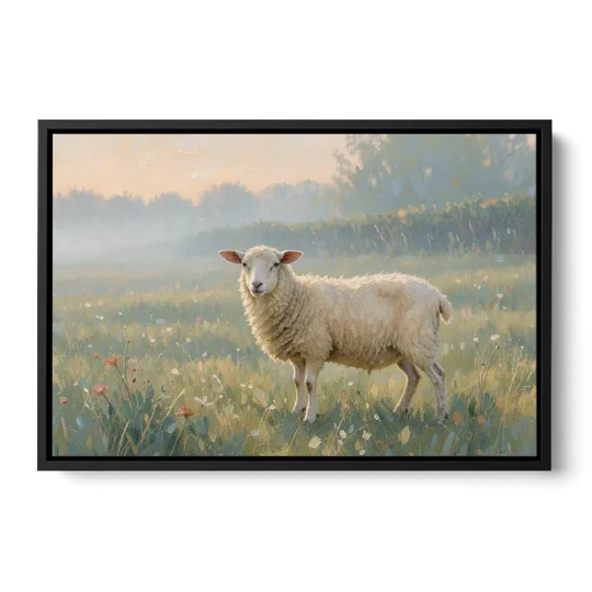 Farmhouse Sheep in the Morning Mist - Black Framed Canvas Wall Art - Front