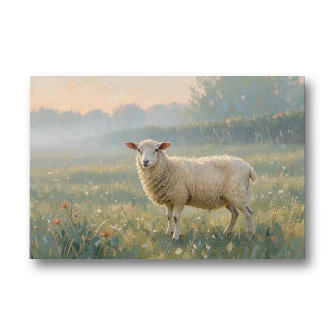 Farmhouse Sheep in the Morning Mist - Canvas Wall Art - Front