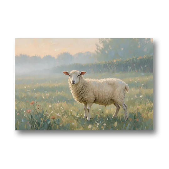 Farmhouse Sheep in the Morning Mist - Canvas Wall Art - Front