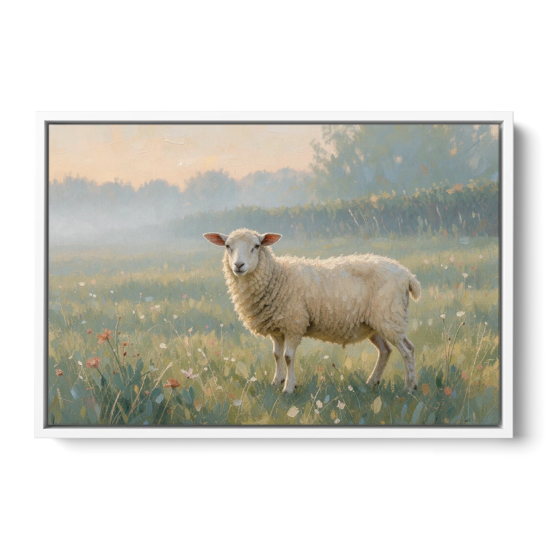 Farmhouse Sheep in the Morning Mist - White Framed Canvas Wall Art - Front