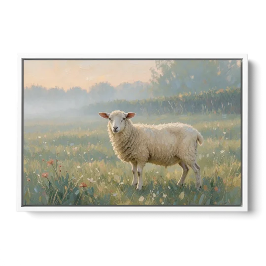 Farmhouse Sheep in the Morning Mist - White Framed Canvas Wall Art - Front