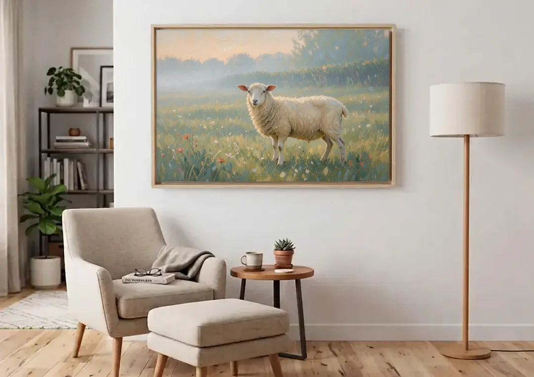 Farmhouse Sheep in the Morning Mist canvas wall art above an armchair in a bright living room