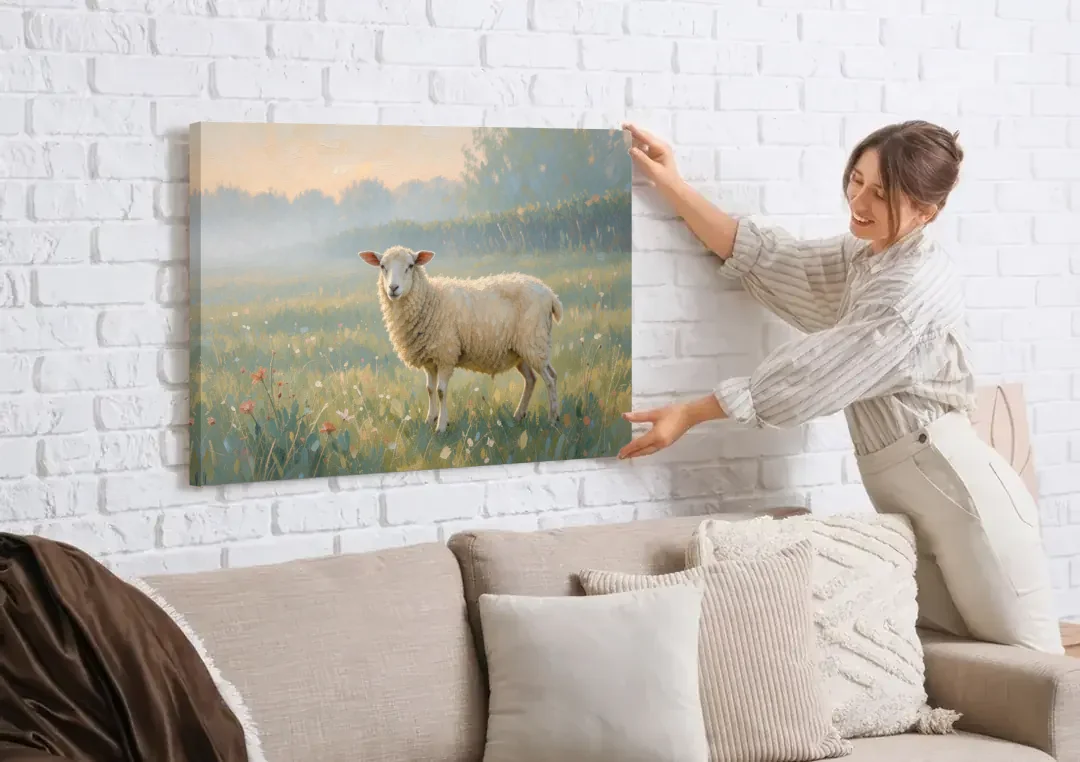 Farmhouse Sheep in the Morning Mist canvas wall art being hung on a white brick wall above a sofa