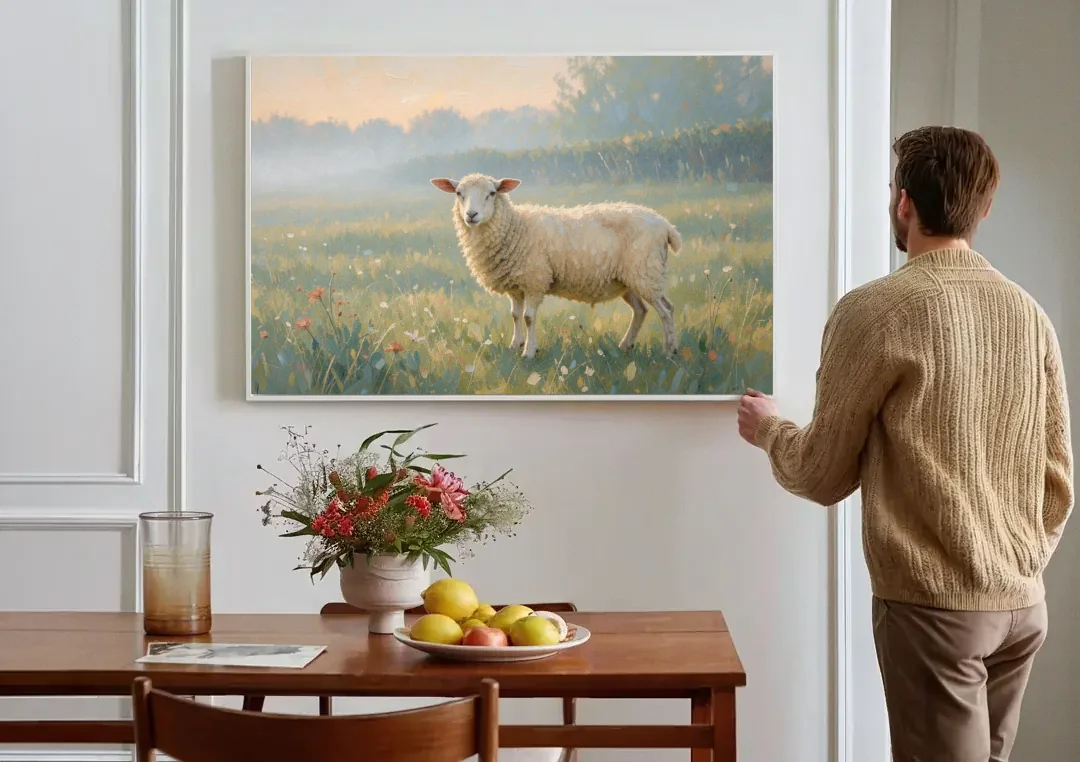 Farmhouse Sheep in the Morning Mist canvas wall art above a dining table