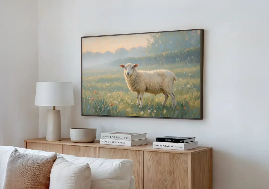 Farmhouse Sheep in the Morning Mist canvas wall art above a wooden sideboard next to a sofa