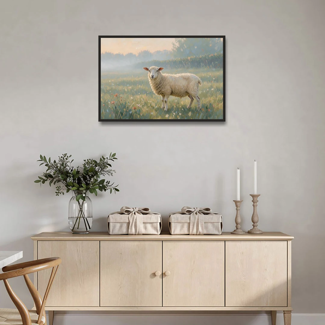 Farmhouse Sheep in the Morning Mist - Black Framed Canvas Wall Art - Coffee Table - 36x24