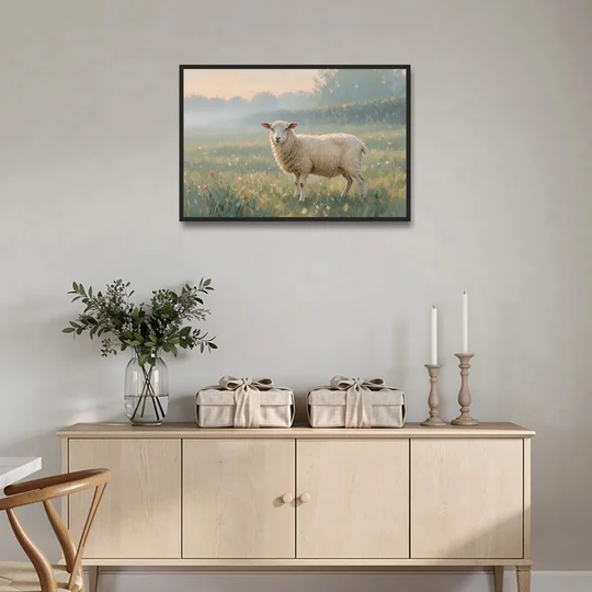 Farmhouse Sheep in the Morning Mist - Black Framed Canvas Wall Art - Coffee Table - 36x24