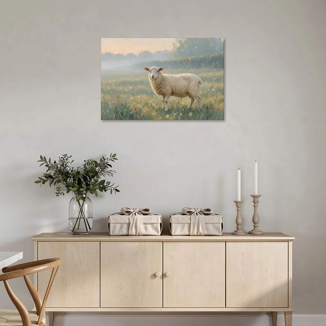 Farmhouse Sheep in the Morning Mist - Canvas Wall Art - Coffee Table - 36x24