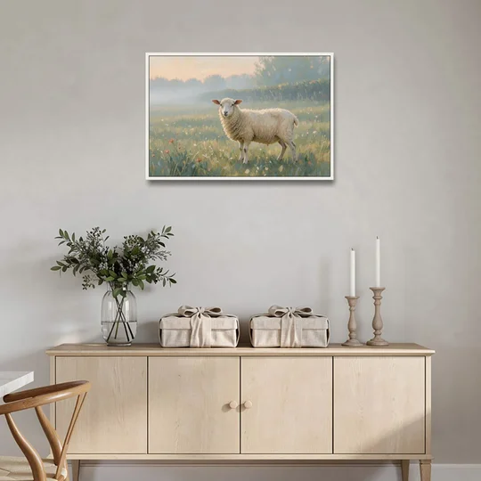 Farmhouse Sheep in the Morning Mist - White Framed Canvas Wall Art - Coffee Table - 36x24