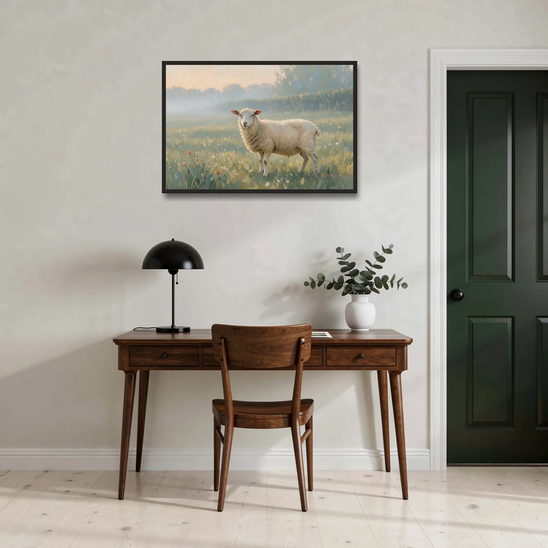 Farmhouse Sheep in the Morning Mist - Black Framed Canvas Wall Art - Office - 36x24