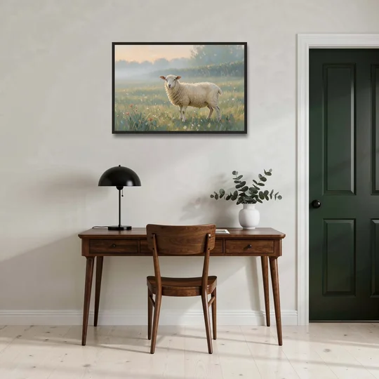 Farmhouse Sheep in the Morning Mist - Black Framed Canvas Wall Art - Office - 36x24
