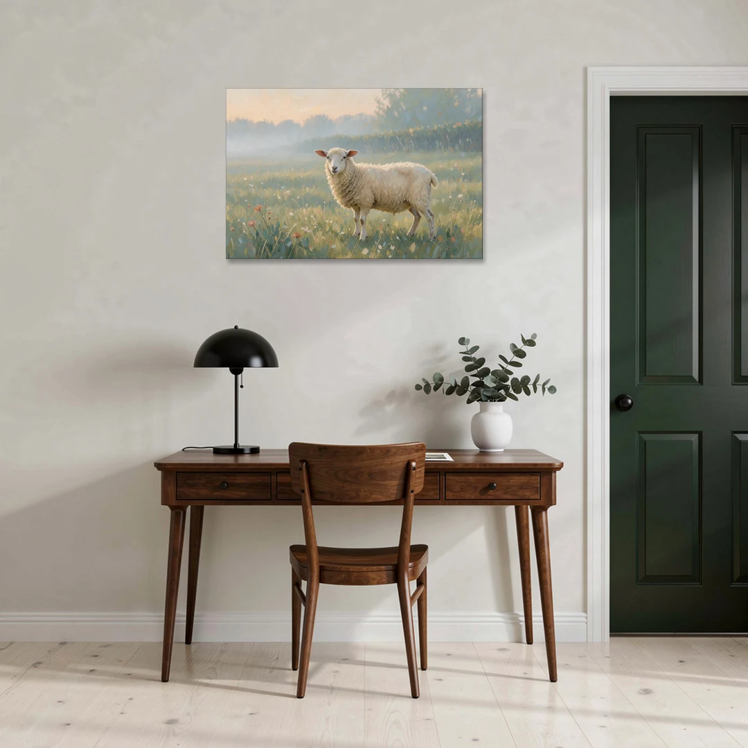 Farmhouse Sheep in the Morning Mist - Canvas Wall Art - Office - 36x24