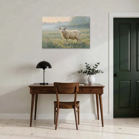 Farmhouse Sheep in the Morning Mist - Canvas Wall Art - Office - 36x24