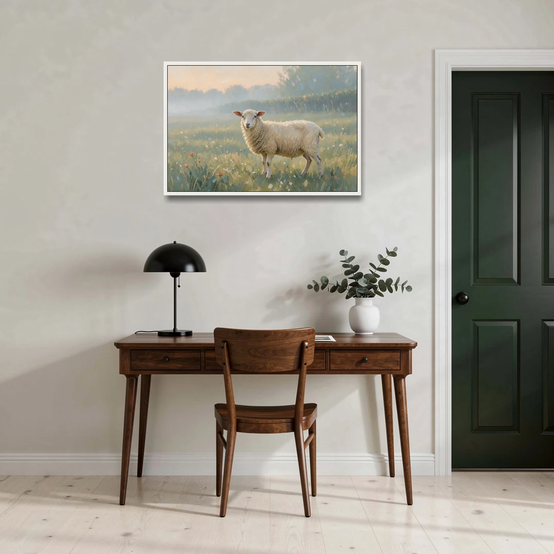 Farmhouse Sheep in the Morning Mist - White Framed Canvas Wall Art - Office - 36x24