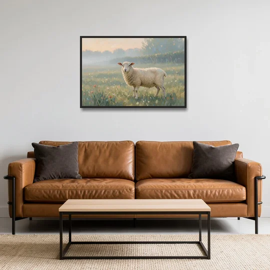 Farmhouse Sheep in the Morning Mist - Black Framed Canvas Wall Art - Sofa - 36x24