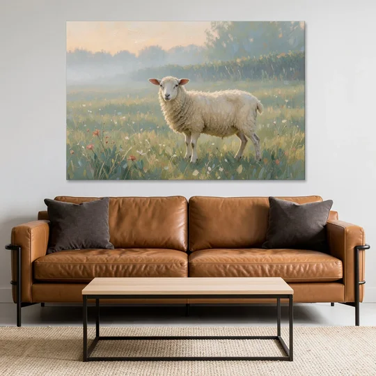 Farmhouse Sheep in the Morning Mist - Canvas Wall Art - Sofa - 60x40