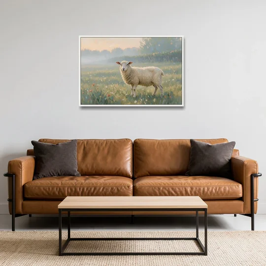 Farmhouse Sheep in the Morning Mist - White Framed Canvas Wall Art - Sofa - 36x24