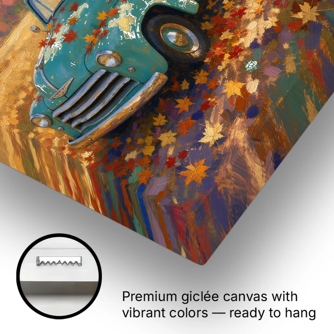 Farmhouse Truck Wall Art with Pumpkins Under Maple - Canvas Wall Art - Gallery Wrap Corner
