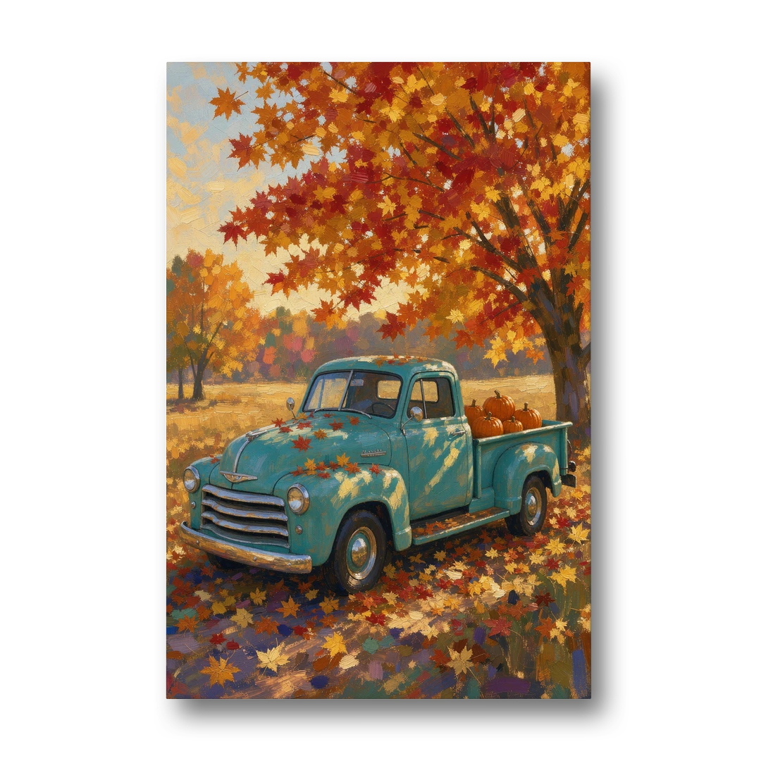 Farmhouse Truck Wall Art with Pumpkins Under Maple - Canvas Wall Art - Front