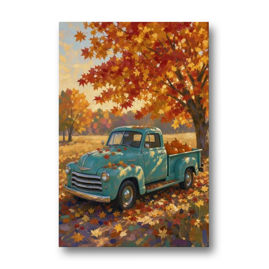 Farmhouse Truck Wall Art with Pumpkins Under Maple - Canvas Wall Art - Front