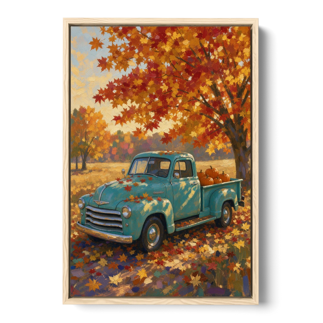 Farmhouse Truck Wall Art with Pumpkins Under Maple - Oak Framed Canvas Wall Art - Front