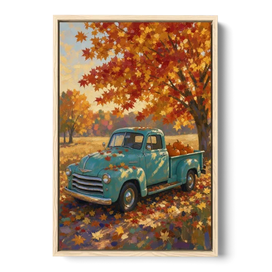 Farmhouse Truck Wall Art with Pumpkins Under Maple - Oak Framed Canvas Wall Art - Front