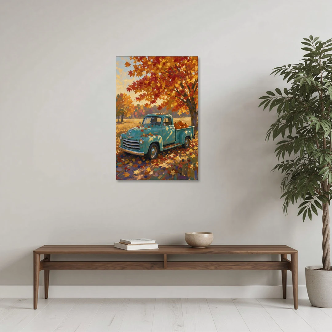 Farmhouse Truck Wall Art with Pumpkins Under Maple - Canvas Wall Art - Coffee Table - 24x36