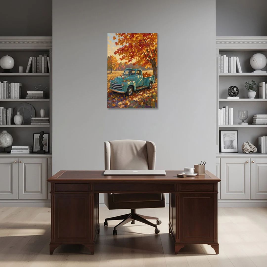 Farmhouse Truck Wall Art with Pumpkins Under Maple - Canvas Wall Art - Office - 24x36