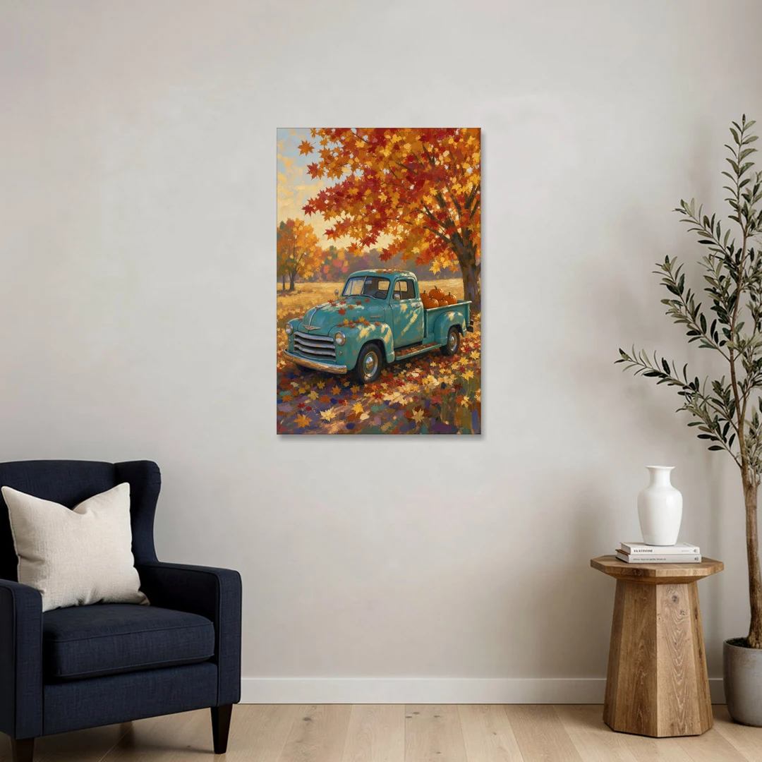 Farmhouse Truck Wall Art with Pumpkins Under Maple - Canvas Wall Art - Sofa - 24x36