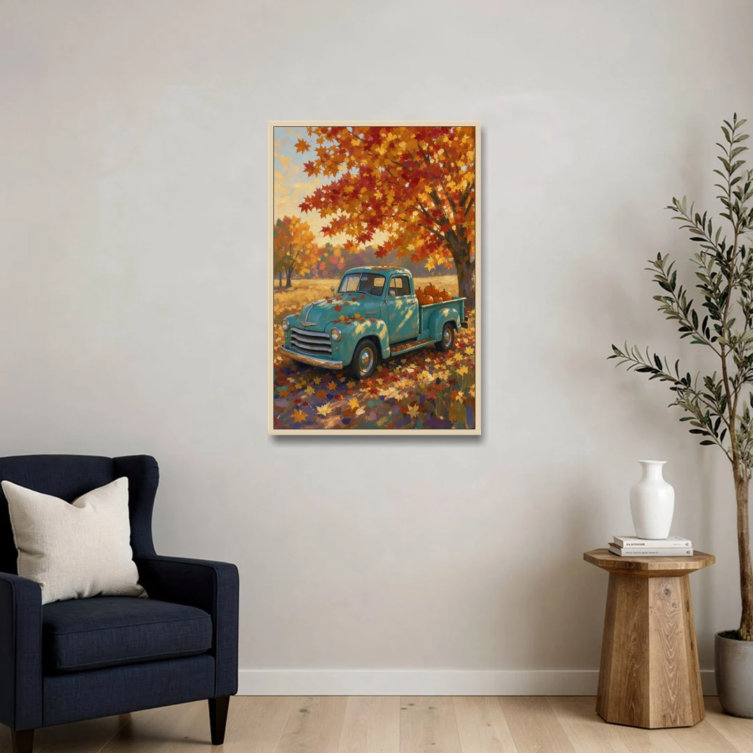 Farmhouse Truck Wall Art with Pumpkins Under Maple - Oak Framed Canvas Wall Art - Sofa - 24x36