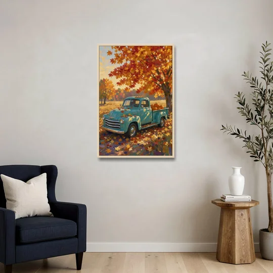 Farmhouse Truck Wall Art with Pumpkins Under Maple - Oak Framed Canvas Wall Art - Sofa - 24x36