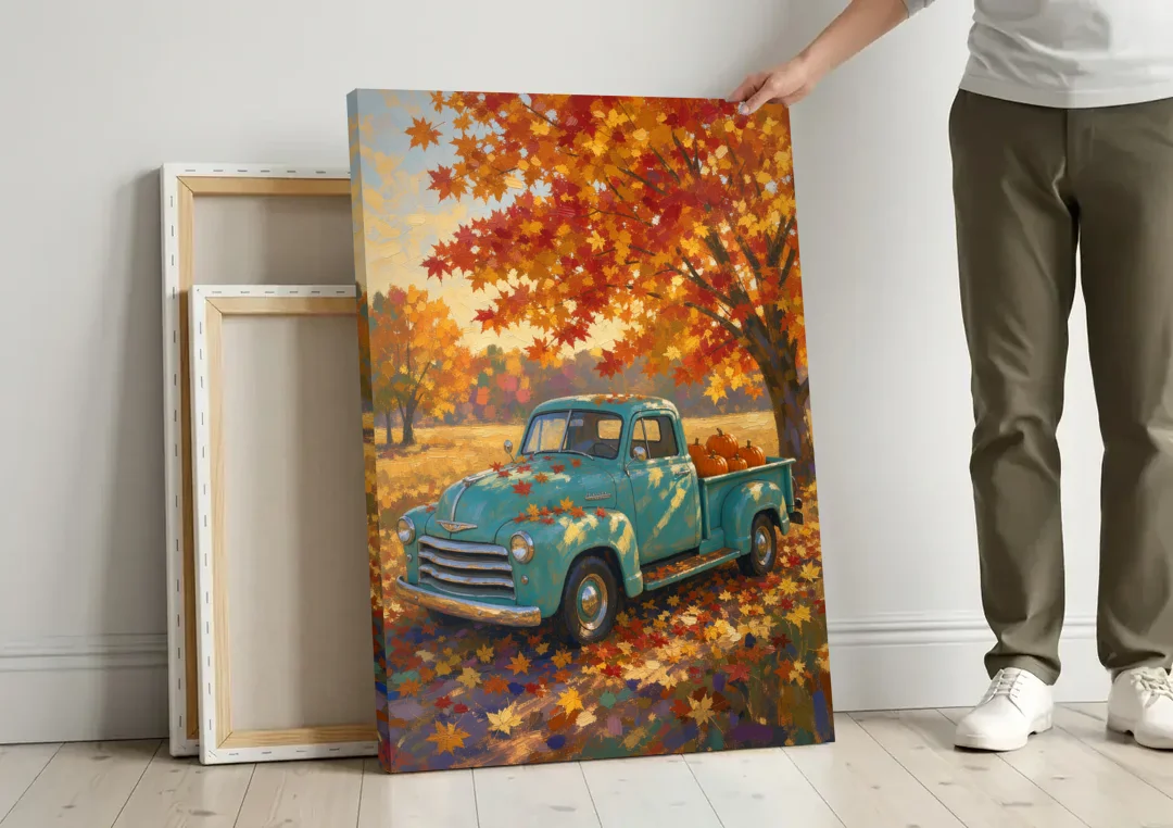 Farmhouse Truck Wall Art with Pumpkins Under Maple canvas wall art leaning against a wall next to blank canvases