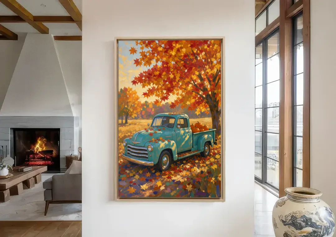 Farmhouse Truck Wall Art with Pumpkins Under Maple canvas wall art in a living room with a fireplace