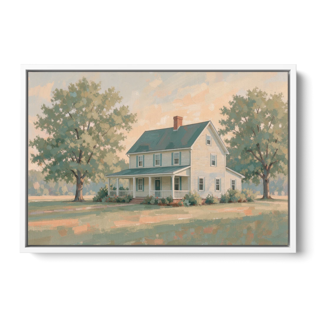 Farmhouse Wall Decor with a Deep Front Porch - White Framed Canvas Wall Art - Front
