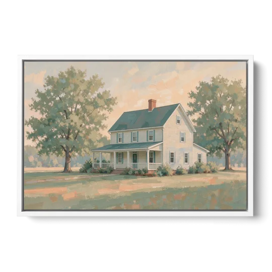 Farmhouse Wall Decor with a Deep Front Porch - White Framed Canvas Wall Art - Front